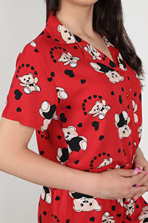 Kırmızı Ayıcıklı Gömlek Yaka Viskon Kadın Şortlu Pijama Takımı - 7050