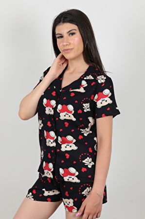 Lacivert Ayıcık Desenli Gömlek Yaka Viskon Kadın Şortlu Pijama Takımı - 7050