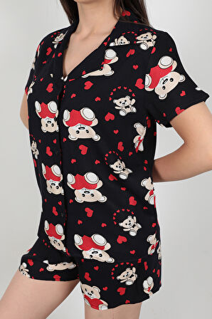 Lacivert Ayıcık Desenli Gömlek Yaka Viskon Kadın Şortlu Pijama Takımı - 7050