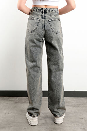 Kadın Jean Straight Leg %100 Pamuk Tint Gri Boru Paça Yüksek Bel Kot Pantolon - JB591-2516