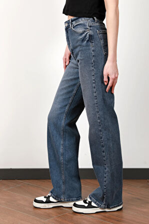 Mavi Tint Kar Yıkama Yüksek Bel LYC Kadın Wide Leg Jean - 2477