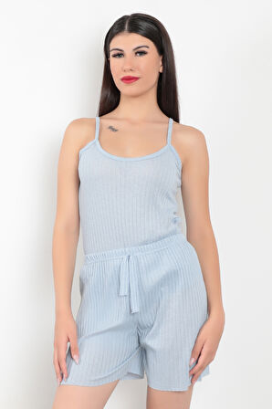 Mavi İp Askılı Şortlu Kaşkorse Kadın Pijama Takımı Pamuk Karışımlı Kumaş - 6015