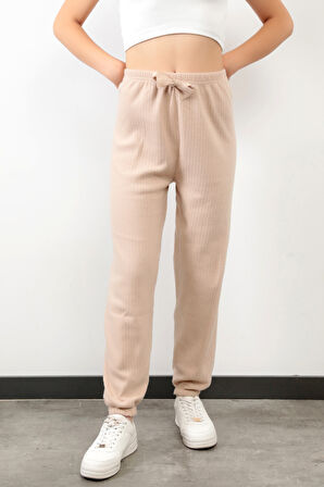 Uzun Kadın Pijama Altı Kaşkorse Bej Lastikli Paça Pamuk Karışımlı - 6141