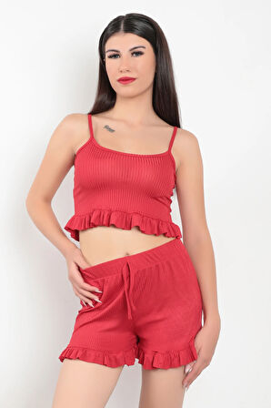 Kırmızı İp Askılı Şortlu Fırfır Detaylı Kadın Pijama Takımı - 5950