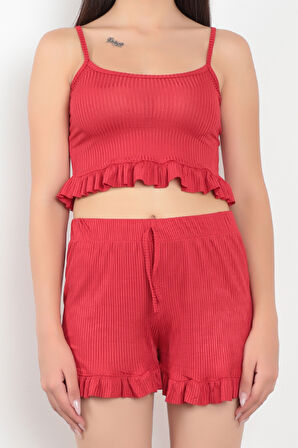 Kırmızı İp Askılı Şortlu Fırfır Detaylı Kadın Pijama Takımı - 5950
