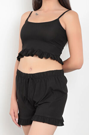 Siyah İp Askılı Şortlu Fırfır Detaylı Kadın Pijama Takımı - 5950