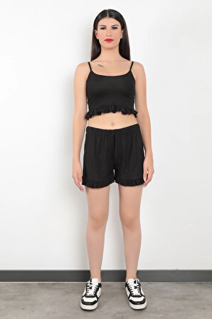Siyah İp Askılı Şortlu Fırfır Detaylı Kadın Pijama Takımı - 5950