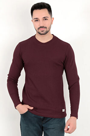 Erkek Bordo Bisiklet Yaka Slim Fit Esnek Waffle Kumaş Dokulu Uzun Kollu T-Shirt - 5073-2