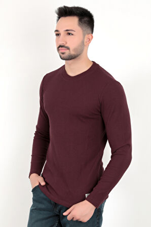 Erkek Bordo Bisiklet Yaka Slim Fit Esnek Waffle Kumaş Dokulu Uzun Kollu T-Shirt - 5073-2