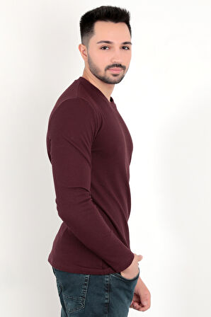 Erkek Bordo Bisiklet Yaka Slim Fit Esnek Waffle Kumaş Dokulu Uzun Kollu T-Shirt - 5073-2