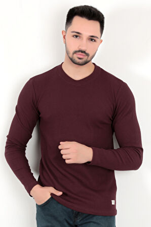 Erkek Bordo Bisiklet Yaka Slim Fit Esnek Waffle Kumaş Dokulu Uzun Kollu T-Shirt - 5073-2