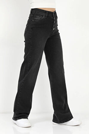 Kadın Palazzo Jean Siyah Likralı Düğmeli Yüksek Bel Pamuklu Kot Pantolon - 607-2472