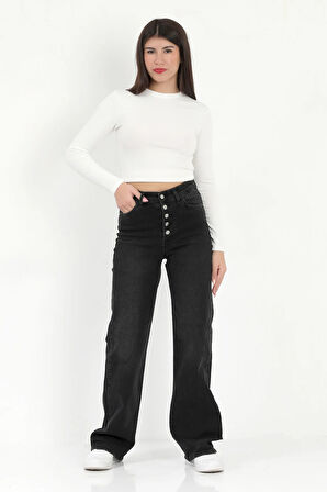 Kadın Palazzo Jean Siyah Likralı Düğmeli Yüksek Bel Pamuklu Kot Pantolon - 607-2472