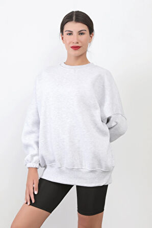 Kadın Oversize Kar Melanj Sweatshirt Pamuk Karışım Bisiklet Yaka Ribanalı Lastikli Kol Detay - 2573