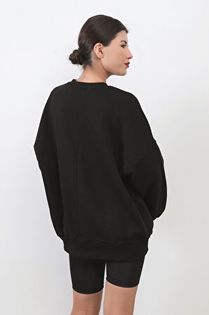 Kadın Oversize Siyah Sweatshirt Pamuk Karışım Bisiklet Yaka Ribanalı Lastikli Kol Detay - 2573