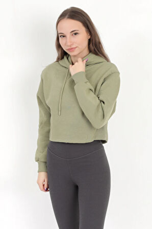 Kadın Yeşil Kapüşonlu Ribana Detaylı Üç İp Oversize Crop Sweatshirt Hoodie - 2543