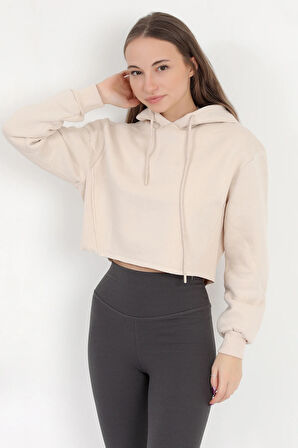 Kadın Bej Kapüşonlu Ribana Detaylı Üç İp Oversize Crop Sweatshirt Hoodie - 2543