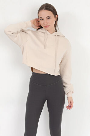 Kadın Bej Kapüşonlu Ribana Detaylı Üç İp Oversize Crop Sweatshirt Hoodie - 2543