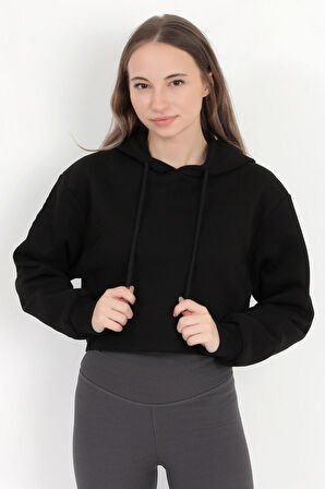 Kadın Siyah Kapüşonlu Ribana Detaylı Üç İp Oversize Crop Sweatshirt Hoodie - 2543