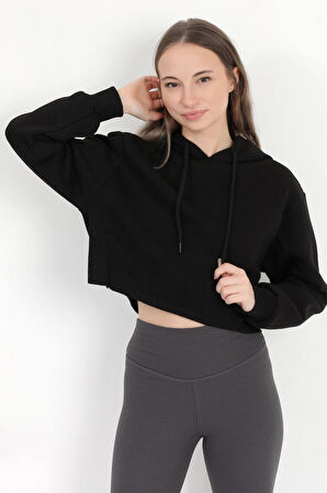 Kadın Siyah Kapüşonlu Ribana Detaylı Üç İp Oversize Crop Sweatshirt Hoodie - 2543