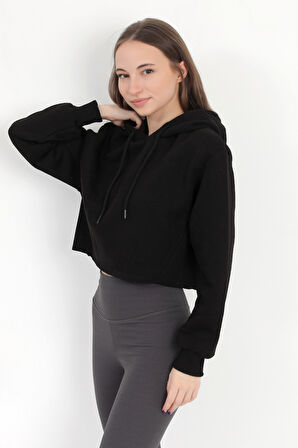 Kadın Siyah Kapüşonlu Ribana Detaylı Üç İp Oversize Crop Sweatshirt Hoodie - 2543