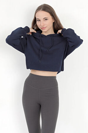 Kadın Lacivert Kapüşonlu Ribana Detaylı Üç İp Oversize Crop Sweatshirt Hoodie - 2543