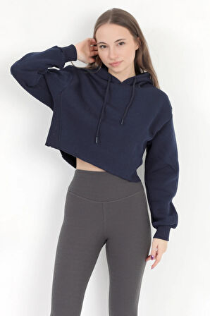 Kadın Lacivert Kapüşonlu Ribana Detaylı Üç İp Oversize Crop Sweatshirt Hoodie - 2543