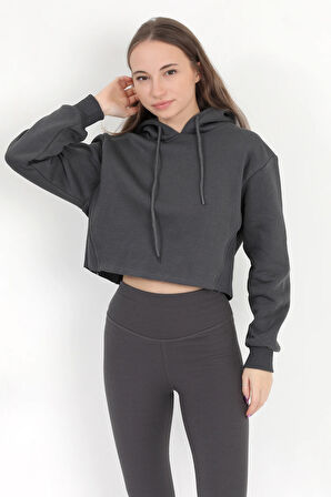 Kadın Füme Kapüşonlu Ribana Detaylı Üç İp Oversize Crop Sweatshirt Hoodie - 2543