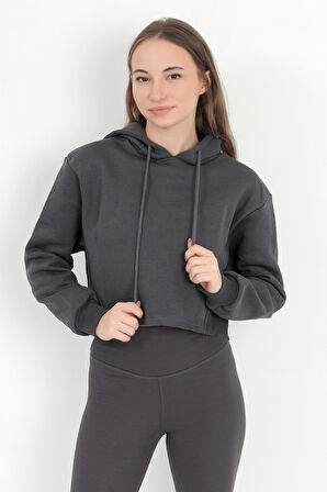 Kadın Füme Kapüşonlu Ribana Detaylı Üç İp Oversize Crop Sweatshirt Hoodie - 2543