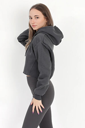 Kadın Füme Kapüşonlu Ribana Detaylı Üç İp Oversize Crop Sweatshirt Hoodie - 2543