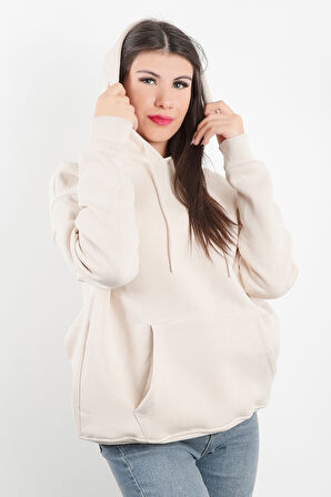 Kadın Kapüşonlu Oversize Sweatshirt Üç İplik Kanguru Cepli Bej Hoodie - 2502