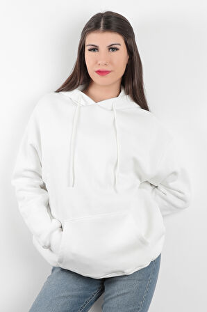 Kadın Kapüşonlu Oversize Sweatshirt Üç İplik Kanguru Cepli Beyaz Hoodie - 2502