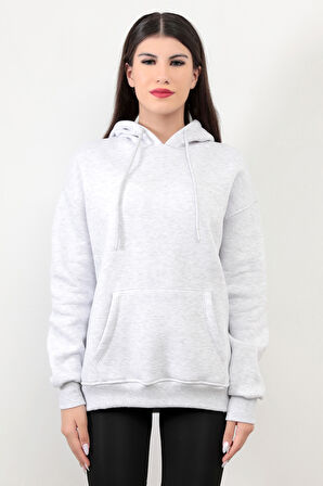 Kadın Kapüşonlu Oversize Sweatshirt Üç İplik Kanguru Cepli Kar Melanj Hoodie - 2502