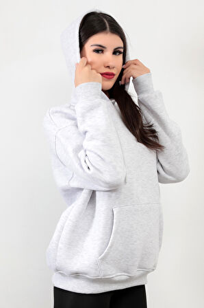 Kadın Kapüşonlu Oversize Sweatshirt Üç İplik Kanguru Cepli Kar Melanj Hoodie - 2502