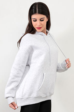 Kadın Kapüşonlu Oversize Sweatshirt Üç İplik Kanguru Cepli Kar Melanj Hoodie - 2502