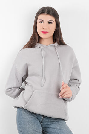 Kadın Kapüşonlu Oversize Sweatshirt Üç İplik Kanguru Cepli Gri Hoodie - 2502