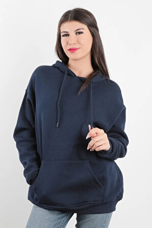 Kadın Kapüşonlu Oversize Sweatshirt Üç İplik Kanguru Cepli Lacivert Hoodie - 2502