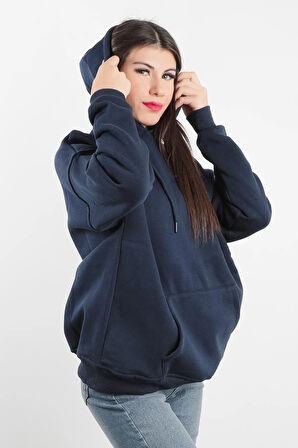 Kadın Kapüşonlu Oversize Sweatshirt Üç İplik Kanguru Cepli Lacivert Hoodie - 2502