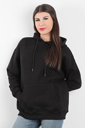 Kadın Kapüşonlu Oversize Sweatshirt Üç İplik Kanguru Cepli Siyah Hoodie - 2502