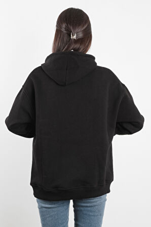 Kadın Kapüşonlu Oversize Sweatshirt Üç İplik Kanguru Cepli Siyah Hoodie - 2502