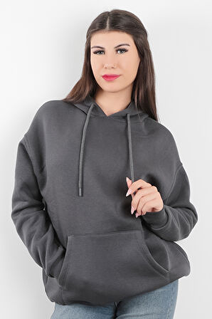 Kadın Kapüşonlu Oversize Sweatshirt Üç İplik Kanguru Cepli Füme Hoodie - 2502