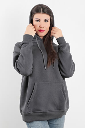 Kadın Kapüşonlu Oversize Sweatshirt Üç İplik Kanguru Cepli Füme Hoodie - 2502