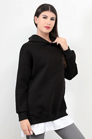 Siyah Kadın Oversize Kapüşonlu Sweatshirt Eteği T-Shirt Katman Detaylı Ribanalı Hoodie - 2520