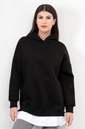 Siyah Kadın Oversize Kapüşonlu Sweatshirt Eteği T-Shirt Katman Detaylı Ribanalı Hoodie - 2520