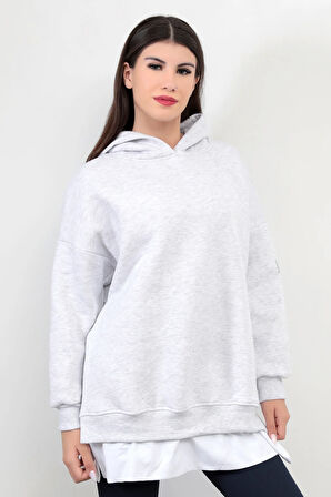 Kar Melanj Kadın Oversize Kapüşonlu Sweatshirt Eteği T-Shirt Katman Detaylı Ribanalı Hoodie - 2520