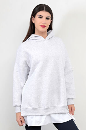 Kar Melanj Kadın Oversize Kapüşonlu Sweatshirt Eteği T-Shirt Katman Detaylı Ribanalı Hoodie - 2520