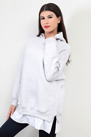 Kar Melanj Kadın Oversize Kapüşonlu Sweatshirt Eteği T-Shirt Katman Detaylı Ribanalı Hoodie - 2520