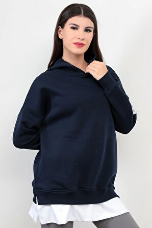 Lacivert Kadın Oversize Kapüşonlu Sweatshirt Eteği T-Shirt Katman Detaylı Ribanalı Hoodie - 2520