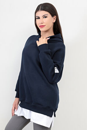 Lacivert Kadın Oversize Kapüşonlu Sweatshirt Eteği T-Shirt Katman Detaylı Ribanalı Hoodie - 2520