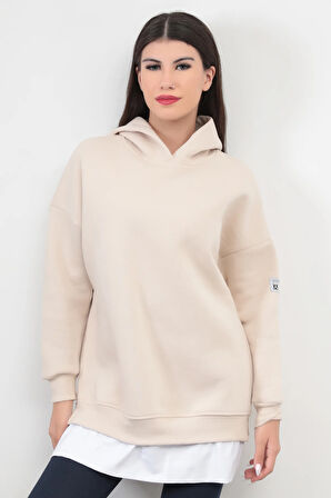 Kadın Oversize Kapüşonlu Sweatshirt Eteği T-Shirt Katman Detaylı Ribanalı Bej Hoodie - 2520